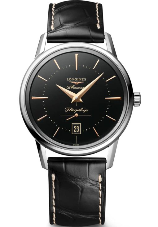 Longines Flagship Heritage Black Dial Leather Strap Watch, 38mm