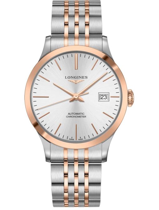 Longines Record Collection Stainless Steel & Pink Gold Case With Silver Dial Mens Watch