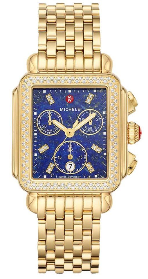 Michele Deco Chronograph Diamond Blue Lapis Dial & Gold-Tone SS Bracelet Watch, 33mm