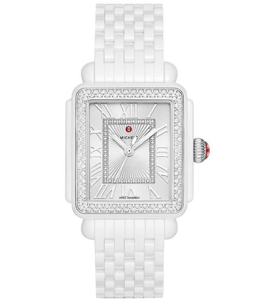 Michele Deco Madison White Silver Sunray w/ Diamond Dial & Ceramic Bracelet Watch, 33mm