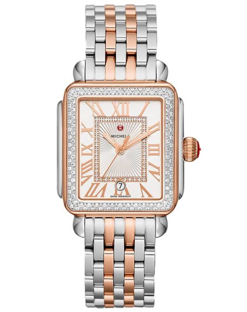 Michele Deco Madison White Silver Sunray w/ Diamond Dial Two-Tone Rose Gold Bracelet Watch, 33mm