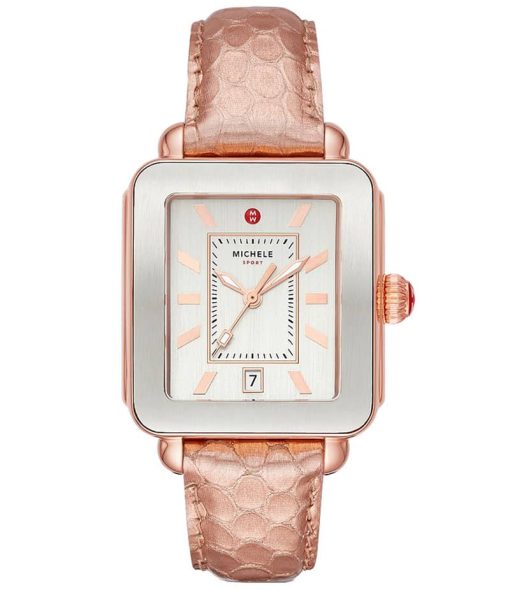 Michele Deco Sport Silver Dial Rose Embossed Leather Strap Watch, 34mm