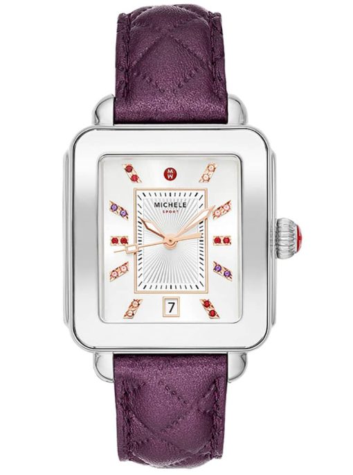 Michele Deco Sport White Sunray w/ Multicolor Topaz Dial Violet Quilted Leather Strap Watch, 33mm