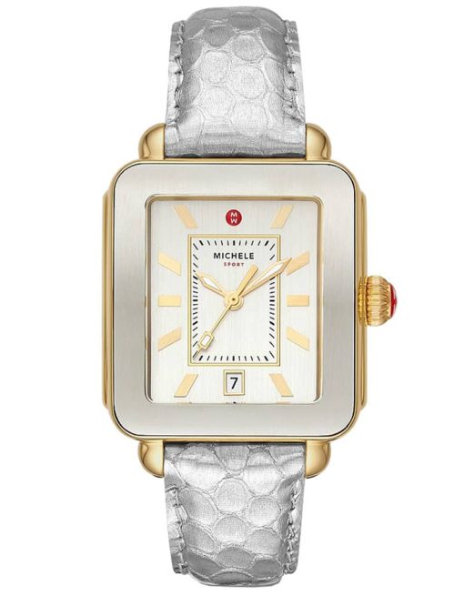 Michele Deco Sport Silver Dial & Embossed Leather Strap Watch, 34mm