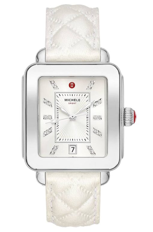Michele Deco Sport White Sunray w/ White Topaz Dial & Quilted Leather Strap Watch, 33mm
