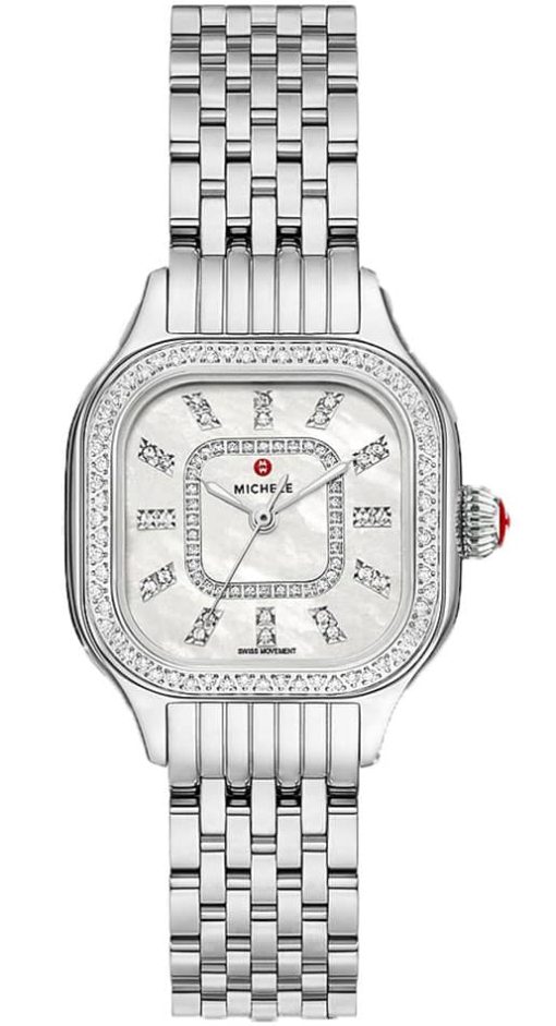 Michele Meggie MOP w/ Diamond Dial Silver-Tone Bracelet Watch, 27mm