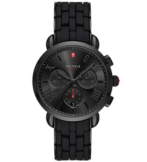 Michele Sporty Sport Sail Chronograph Noir Black Sunray Dial & Silicone-Wrapped Steel Bracelet, 38mm