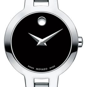 Movado Amorosa Black Dial Silver Double-Bar w/ Diamond Bangle Watch, 24mm