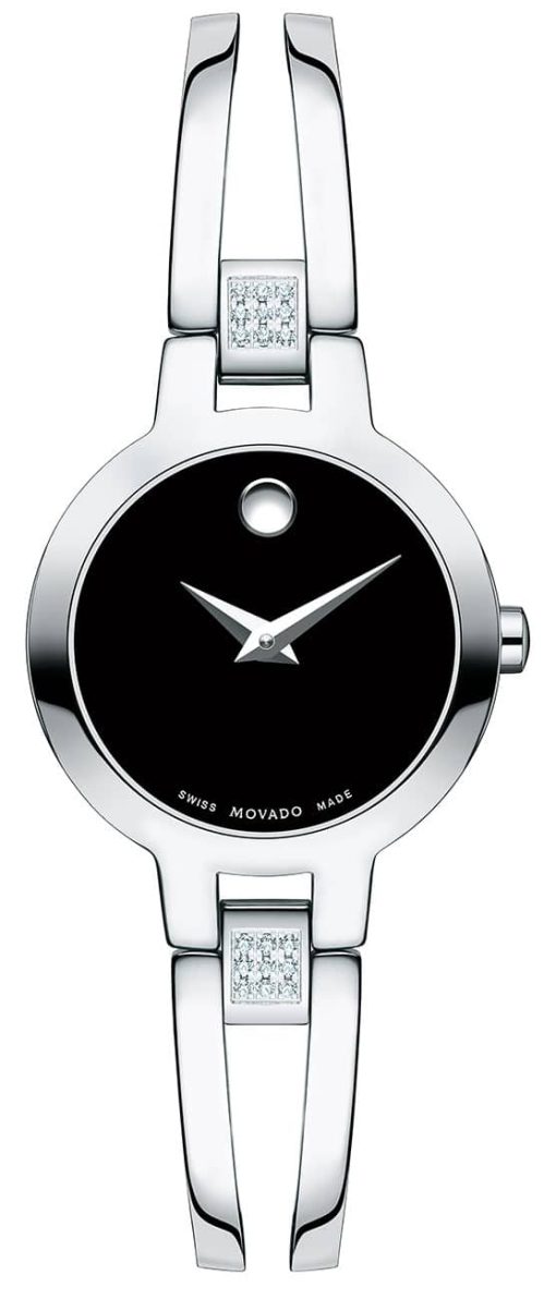 Movado Amorosa Black Dial Silver Double-Bar w/ Diamond Bangle Watch, 24mm