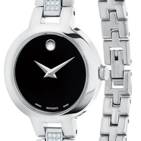 Movado Amorosa Black Dial Silver Double-Bar w/ Diamond Bangle Watch, 24mm - Image 2