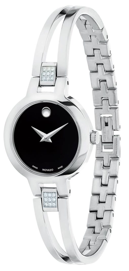 Movado Amorosa Black Dial Silver Double-Bar w/ Diamond Bangle Watch, 24mm - Image 2