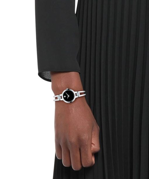 Movado Amorosa Black Dial Silver Double-Bar w/ Diamond Bangle Watch, 24mm - Image 4