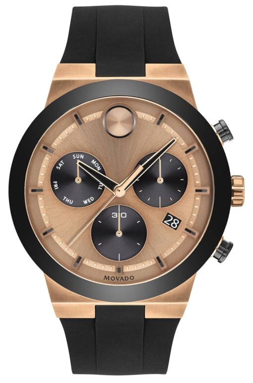 Movado BOLD Fusion Chronograph Rose Gold-Tone Dial Black Silicone Strap Watch, 44.5mm