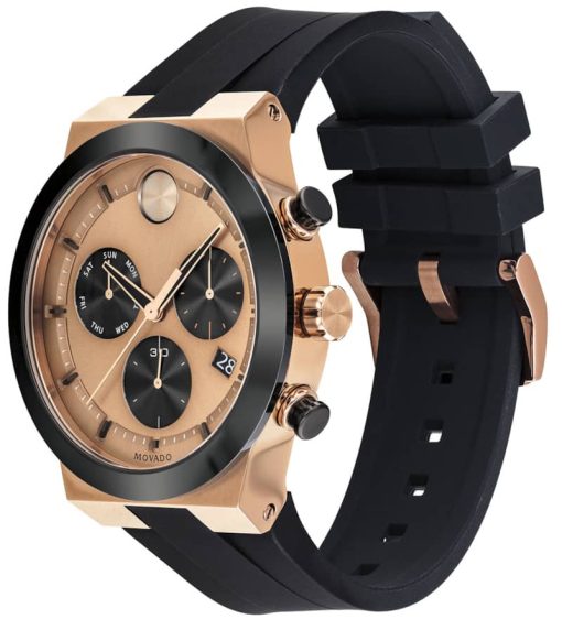 Movado BOLD Fusion Chronograph Rose Gold-Tone Dial Black Silicone Strap Watch, 44.5mm - Image 2