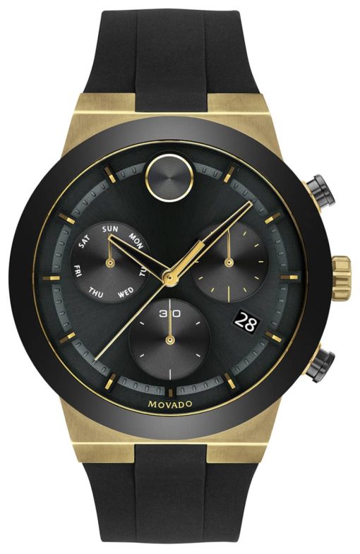 Movado BOLD Fusion Chronograph Black w/ Gold-Tone Accents Dial & Silicone Strap Watch, 44.5mm