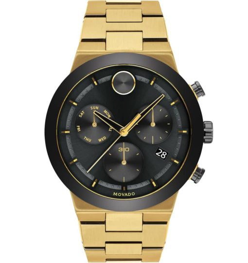Movado BOLD Fusion Chronograph Black Dial Pale Gold-Tone Ion-Plated SS Link Watch, 44.5mm