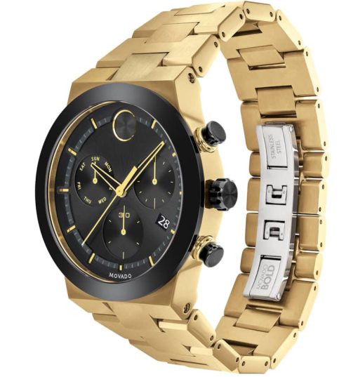 Movado BOLD Fusion Chronograph Black Dial Pale Gold-Tone Ion-Plated SS Link Watch, 44.5mm - Image 2