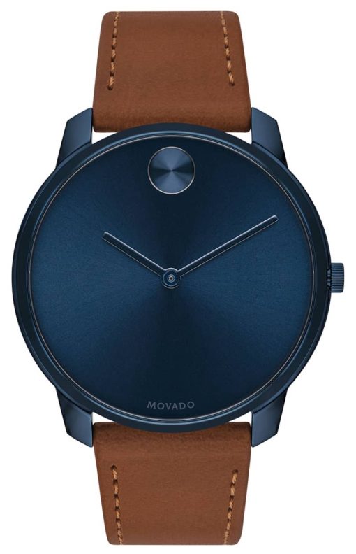 Movado BOLD Thin Blue Dial Nappa Brown Leather Strap Watch, 42mm