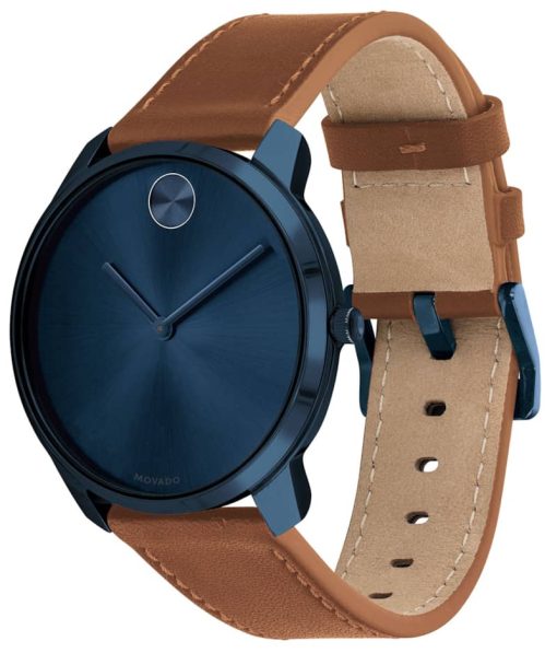 Movado BOLD Thin Blue Dial Nappa Brown Leather Strap Watch, 42mm - Image 2