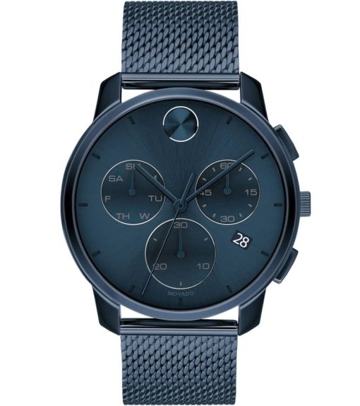 Movado BOLD Thin Chronograph Blue Dial & Ion-Plated SS Mesh Bracelet Watch, 42mm