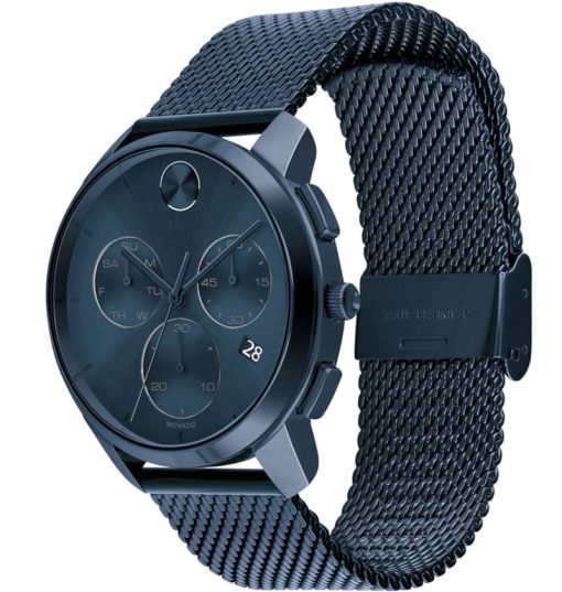 Movado BOLD Thin Chronograph Blue Dial & Ion-Plated SS Mesh Bracelet Watch, 42mm - Image 2