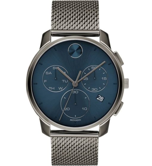 Movado BOLD Thin Chronograph Blue Dial Gunmetal Ion-Plated SS Mesh Bracelet Watch, 42mm