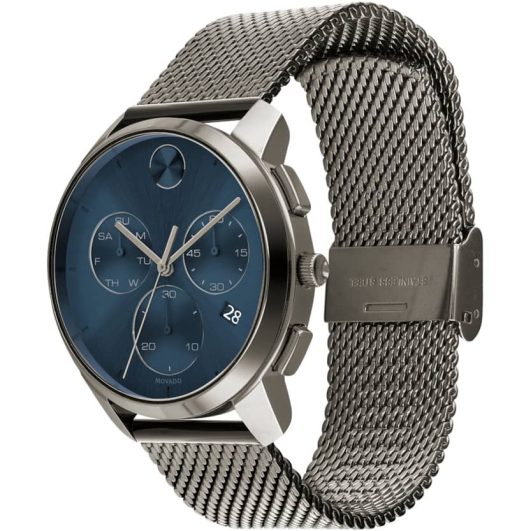 Movado BOLD Thin Chronograph Blue Dial Gunmetal Ion-Plated SS Mesh Bracelet Watch, 42mm - Image 2