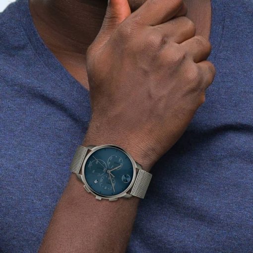 Movado BOLD Thin Chronograph Blue Dial Gunmetal Ion-Plated SS Mesh Bracelet Watch, 42mm - Image 4