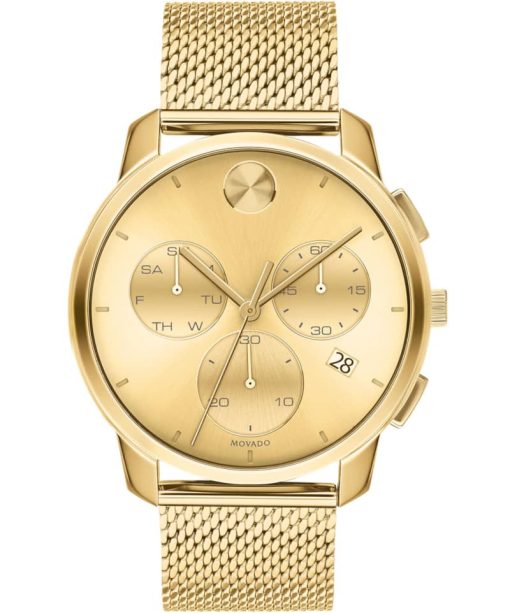 Movado BOLD Thin Chronograph Yellow Gold-Toned Dial & Ion-Plated SS Mesh Bracelet Watch, 42mm