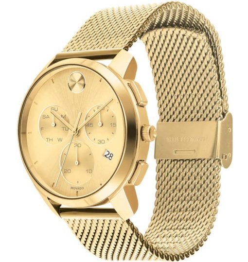 Movado BOLD Thin Chronograph Yellow Gold-Toned Dial & Ion-Plated SS Mesh Bracelet Watch, 42mm - Image 2