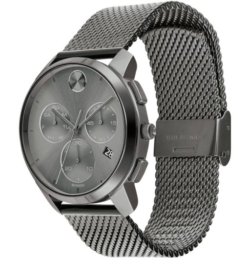 Movado BOLD Thin Chronograph Grey Dial & Ion-Plated SS Mesh Bracelet Watch, 42mm - Image 2