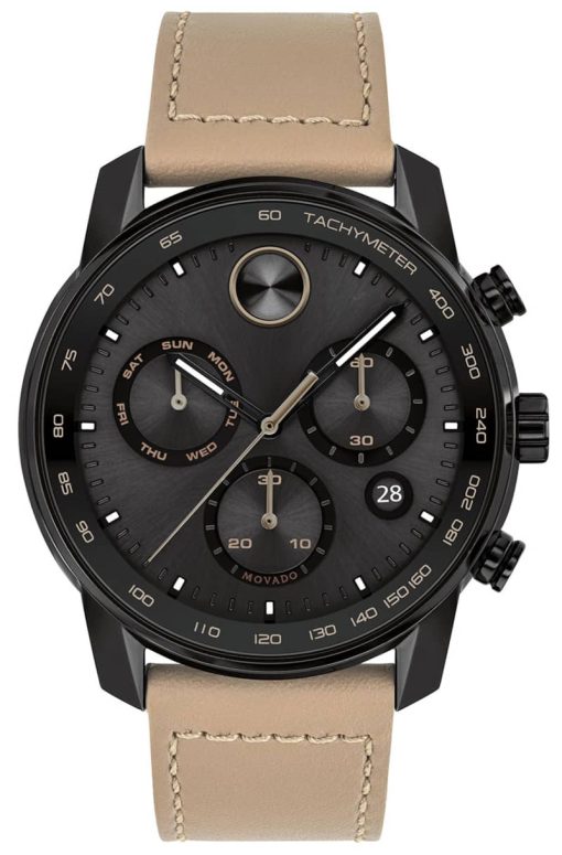 Movado BOLD Verso Chronograph Black Dial Taupe Leather Strap Watch, 44mm