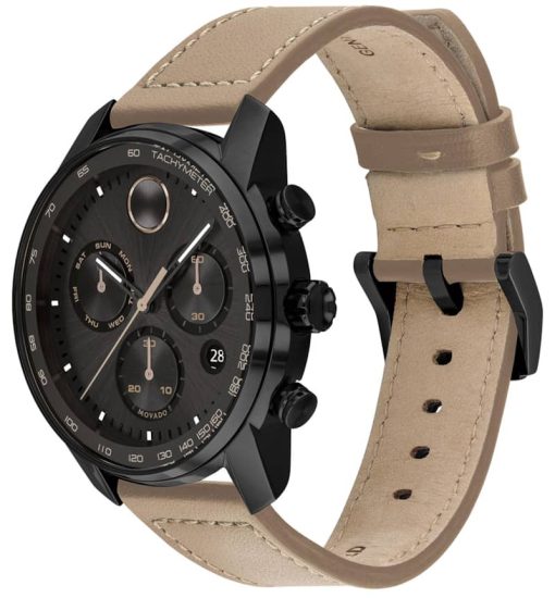 Movado BOLD Verso Chronograph Black Dial Taupe Leather Strap Watch, 44mm - Image 2