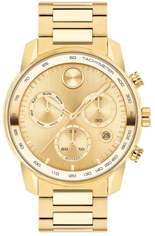 Movado BOLD Verso Chronograph Yellow Gold-Tone Metallic Dial & Ion-Plated SS Link Bracelet Watch, 44mm
