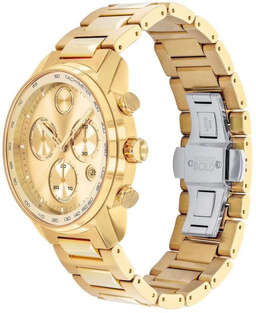 Movado BOLD Verso Chronograph Yellow Gold-Tone Metallic Dial & Ion-Plated SS Link Bracelet Watch, 44mm - Image 2