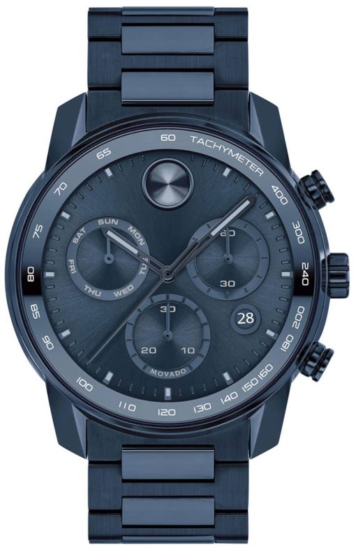 Movado BOLD Verso Chronograph Dark Blue Dial & Ion-Plated SS Link Bracelet Watch, 44mm