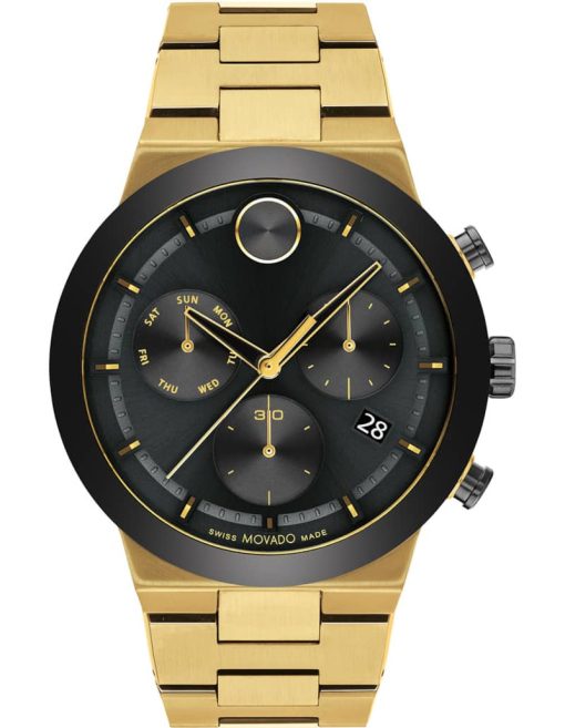 Movado BOLD Fusion Black Dial Pale Yellow Gold IP Bracelet Watch, 44mm