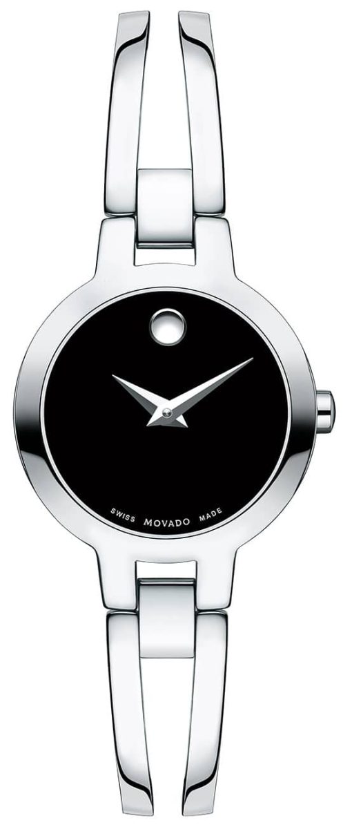 Movado Amorosa Black Dial Silver Double-Bar Bangle Watch, 24mm