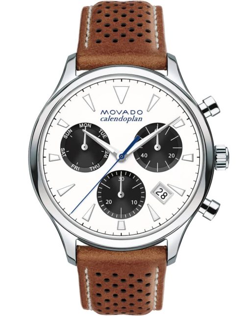 Movado Heritage Series Calendoplan White Dial Cognac Leather Strap Watch, 43mm