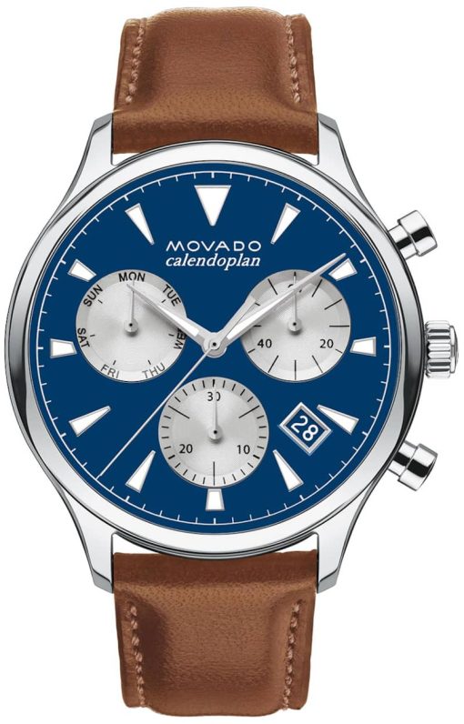 Movado Heritage Series Chronograph Blue Dial Cognac Brown Leather Strap Watch, 43mm
