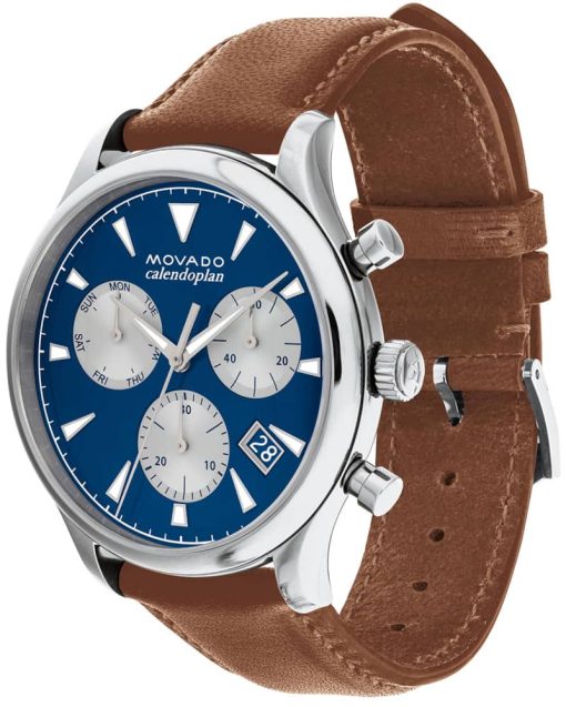 Movado Heritage Series Chronograph Blue Dial Cognac Brown Leather Strap Watch, 43mm - Image 2