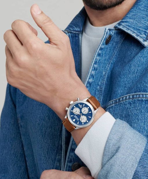 Movado Heritage Series Chronograph Blue Dial Cognac Brown Leather Strap Watch, 43mm - Image 4
