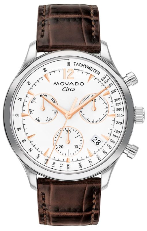 Movado Heritage Series Circa Chronograph White Dial Brown Crocodile Strap Watch, 43mm