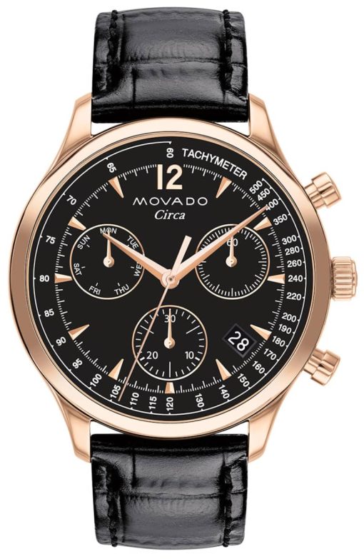Movado Heritage Series Circa Chronograph Black Dial & Crocodile Strap Watch, 43mm