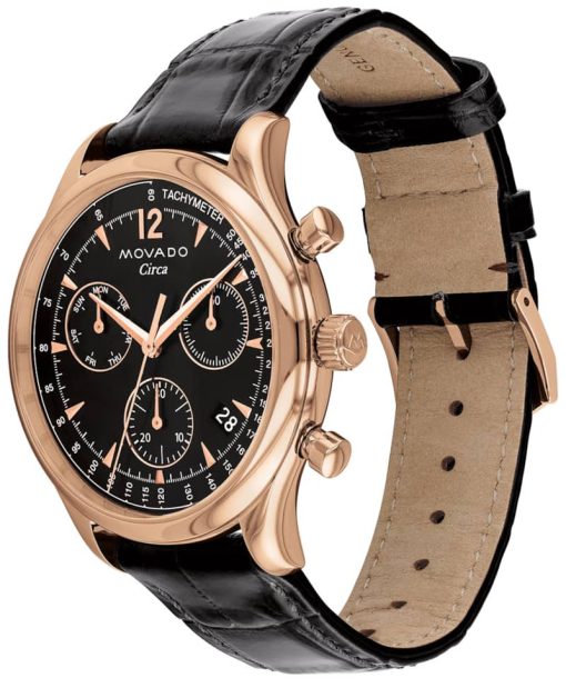 Movado Heritage Series Circa Chronograph Black Dial & Crocodile Strap Watch, 43mm - Image 2