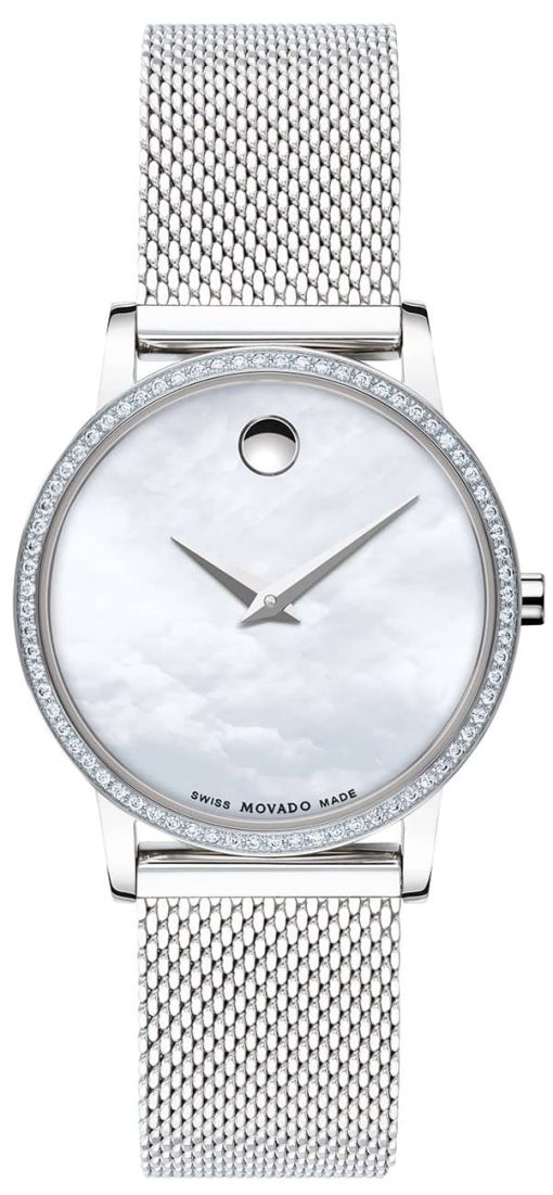 Movado Museum Classic White MOP Dial Silver Mesh Bracelet Watch, 28mm