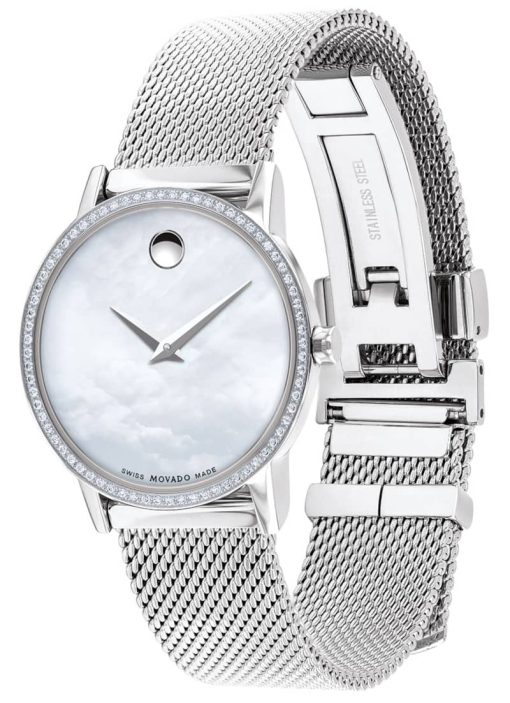 Movado Museum Classic White MOP Dial Silver Mesh Bracelet Watch, 28mm - Image 2