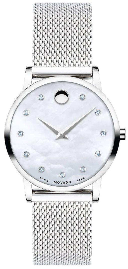 Movado Museum Classic White MOP w/ Diamonds Dial Silver Mesh Bracelet Watch, 28mm