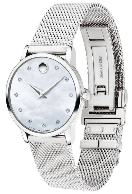 Movado Museum Classic White MOP w/ Diamonds Dial Silver Mesh Bracelet Watch, 28mm - Image 2