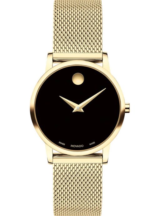 Movado Classic Black Dial Yellow Gold PVD Stainless Steel Mesh Bracelet Watch, 28mm